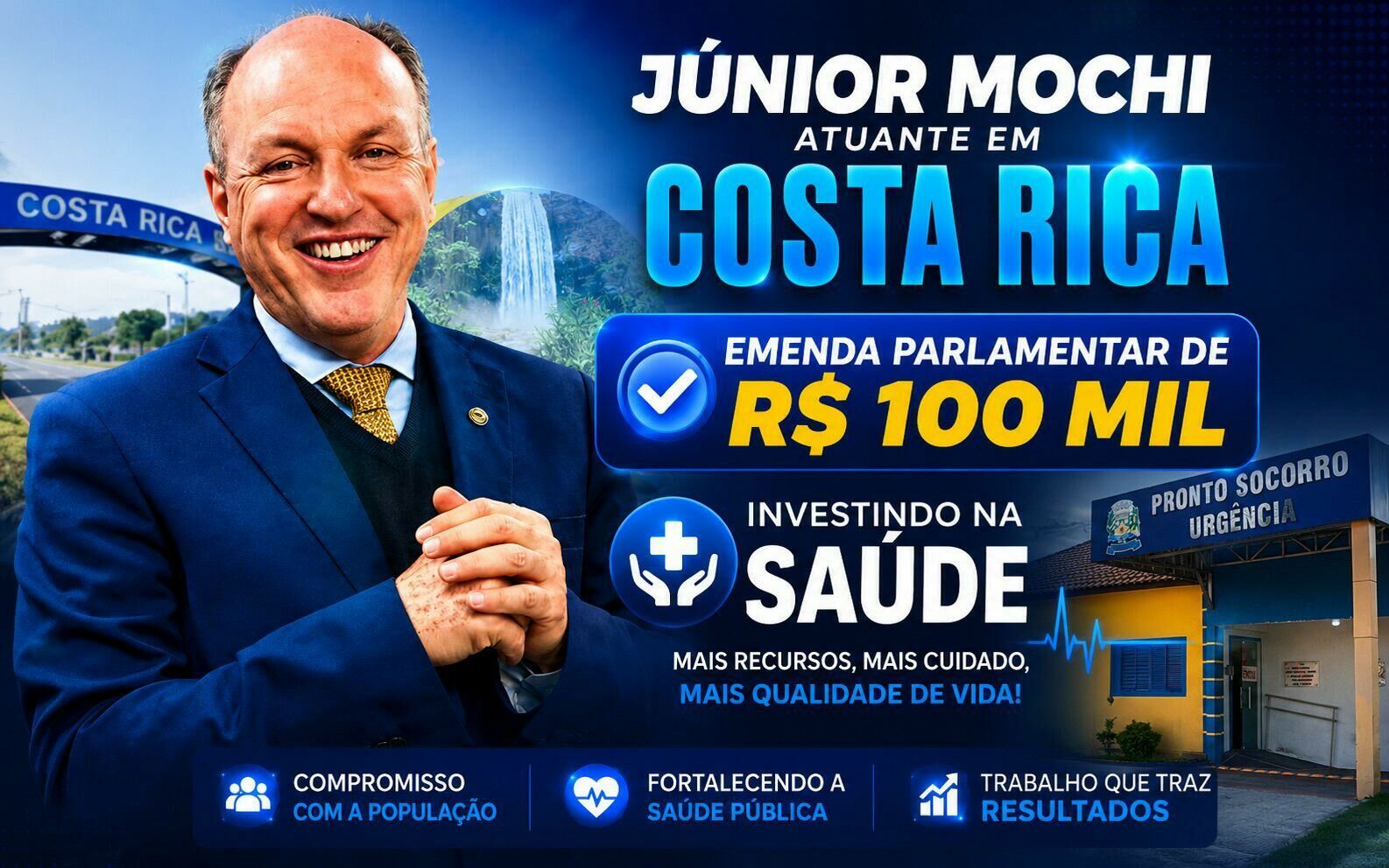 Imagem de compartilhamento para o artigo Deputado Junior Mochi garante R$ 100 mil para fortalecer saúde de Costa Rica; emenda já está na conta do município da MS Todo dia